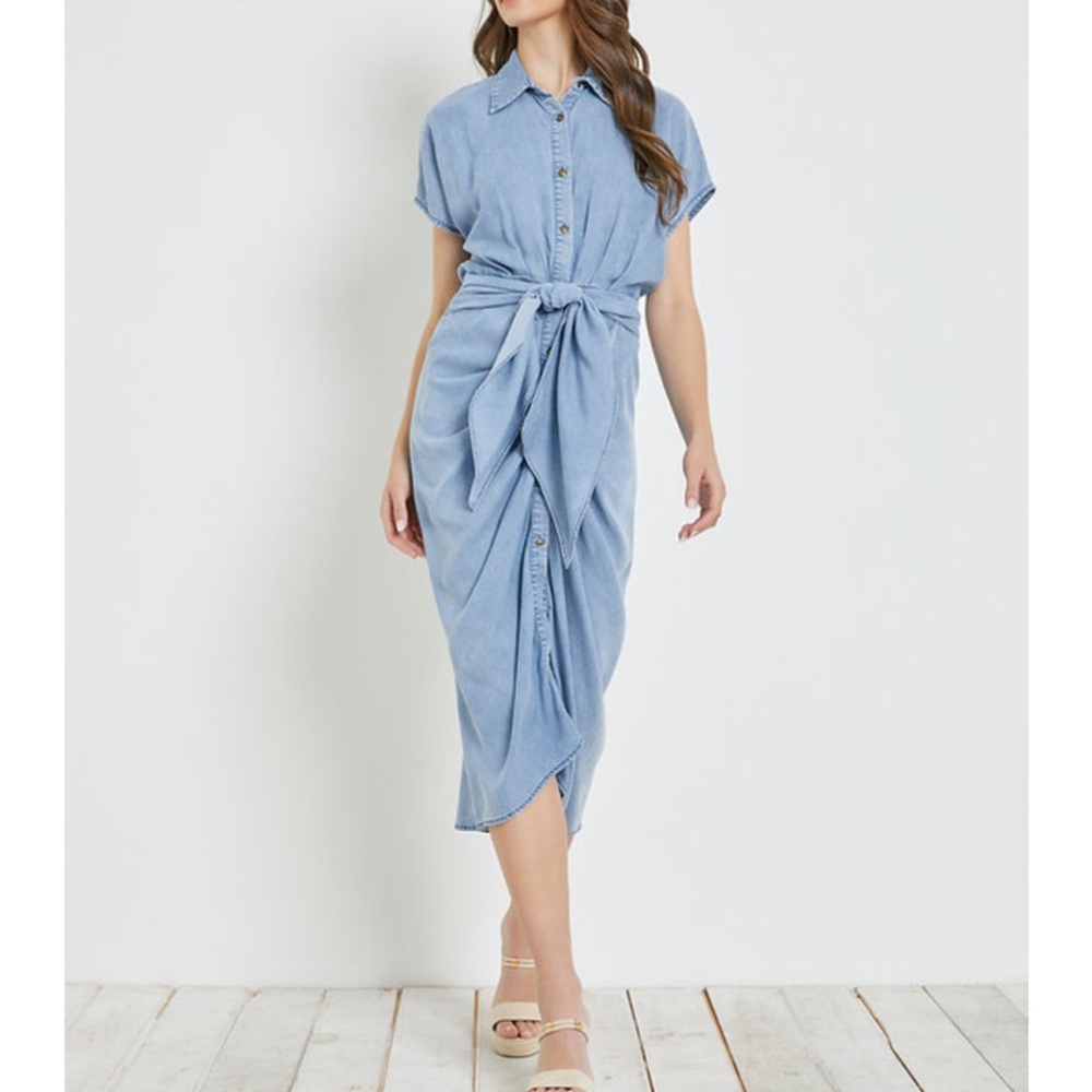 Brand new w/out tags scrunch front wrap denim dress
